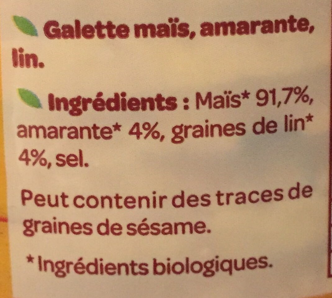 Galettes maïs, amarante, lin bio Sans gluten - Ingredients - fr