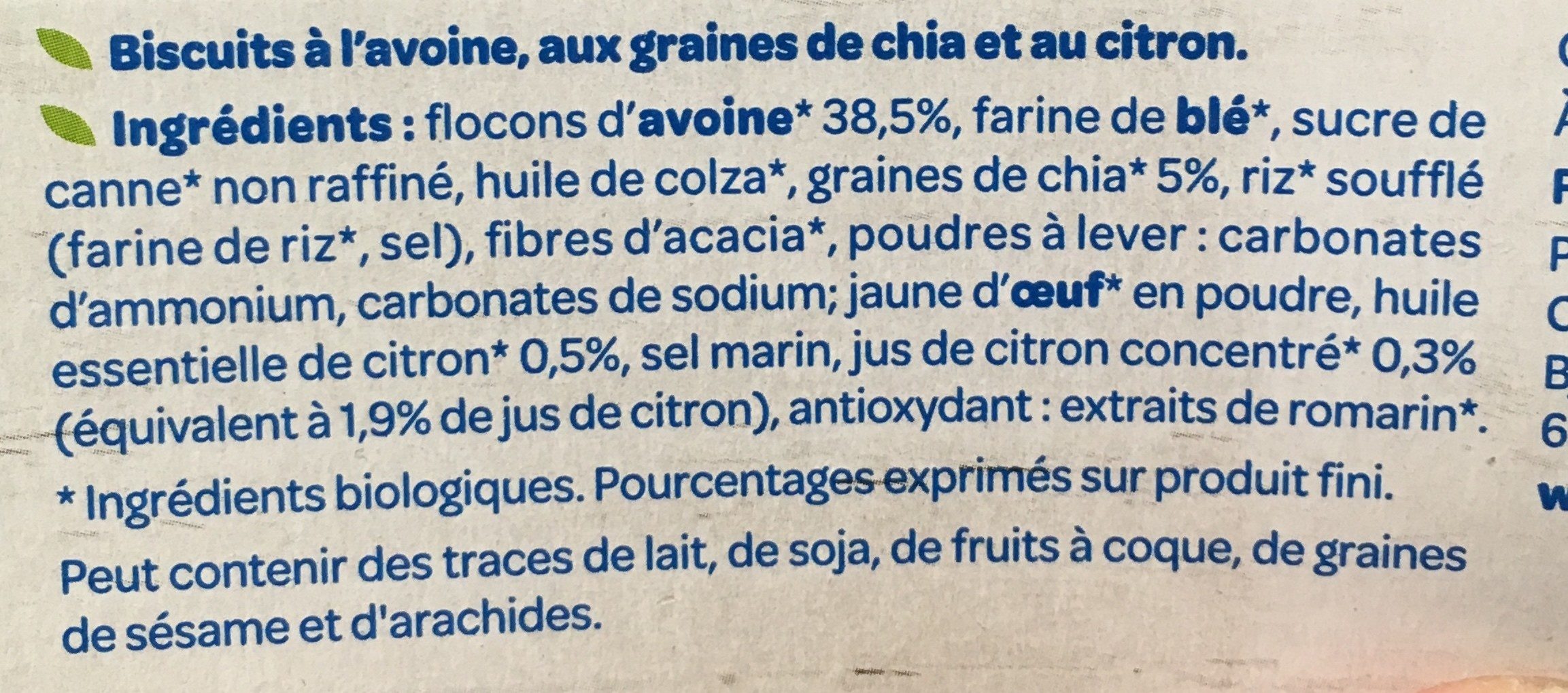 Bio Nutri  Avoine citron graines de chia - Ingrédients
