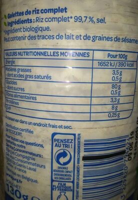 Galette de riz complet - Nutrition facts - fr