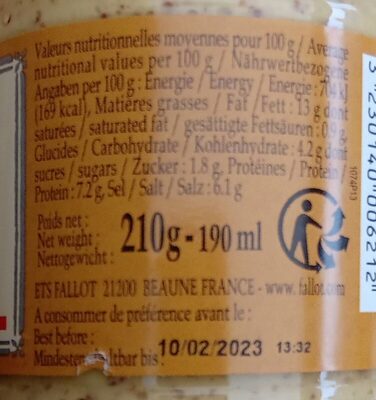 Moutarde aux Noix Fabriquée à la Meule de Pierre - Tableau nutritionnel