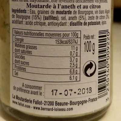 Bernard Loiseau moutarde aneth et citron - Ingrediënten - fr