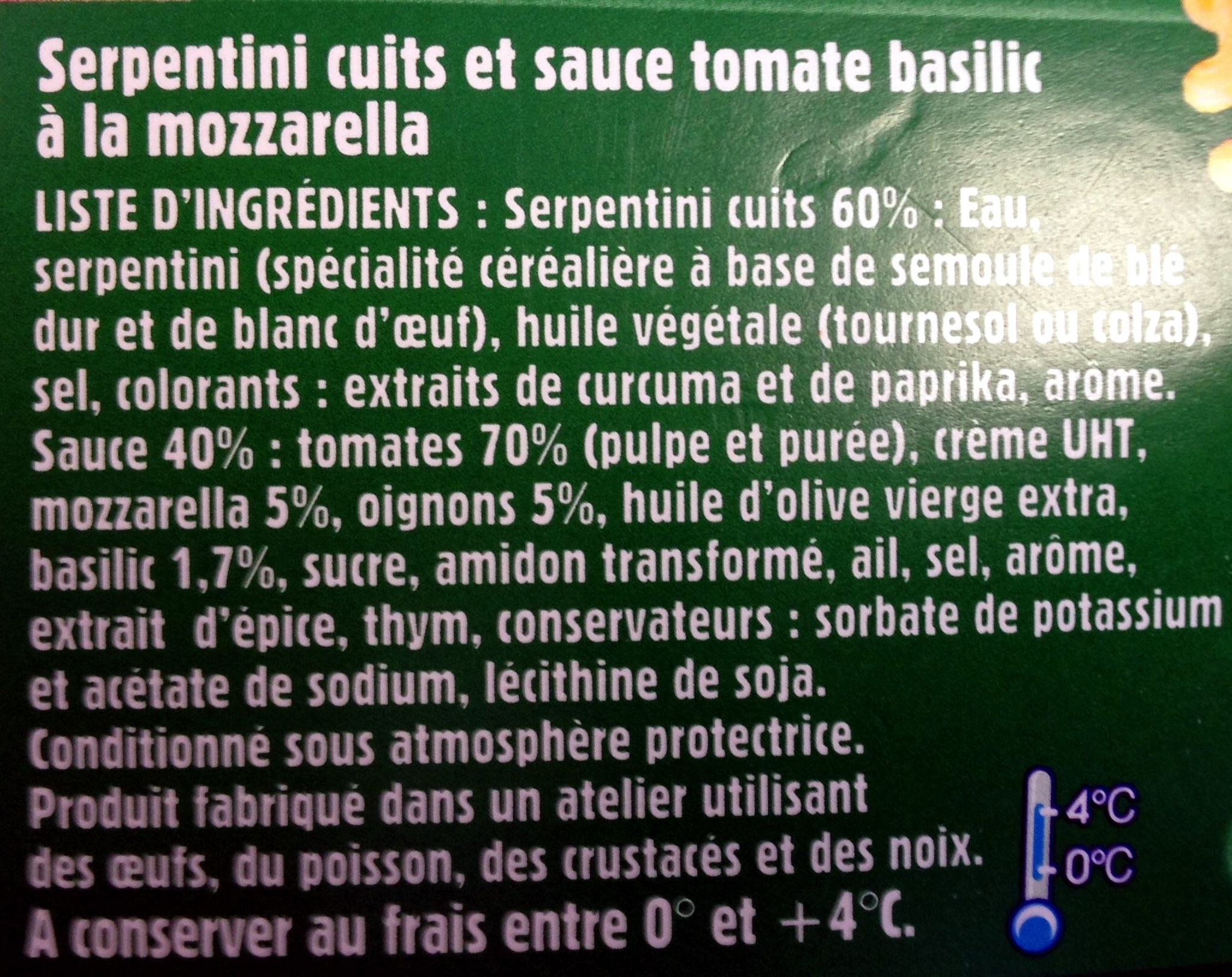 Serpentini cuits et sauce tomate basilic - Ingrédients