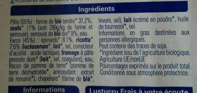 Tortellini Ricotta Épinards Bio - Ingredients - fr