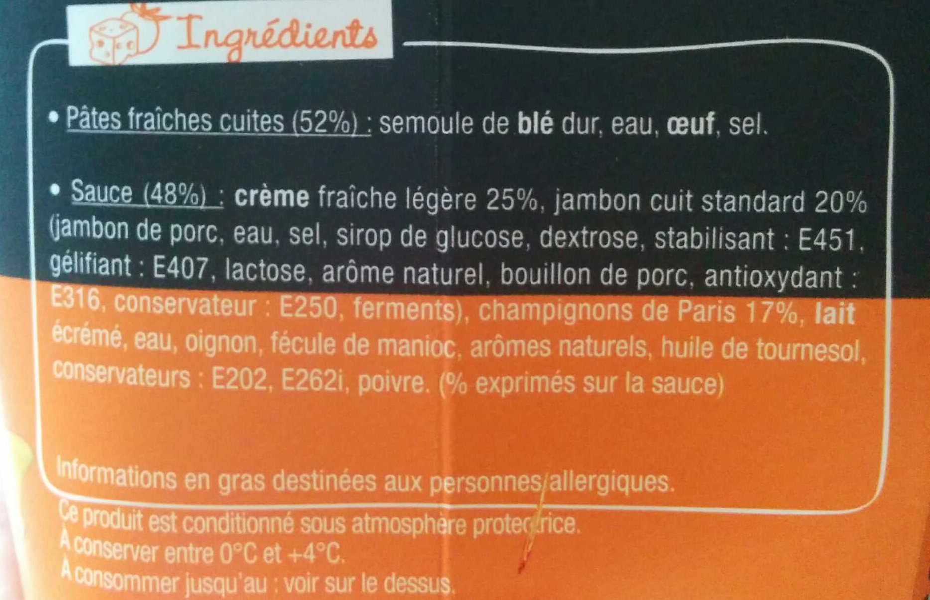 PastaBOX Fusilli Jambon Champignons à la crème - Ingrediënten - fr