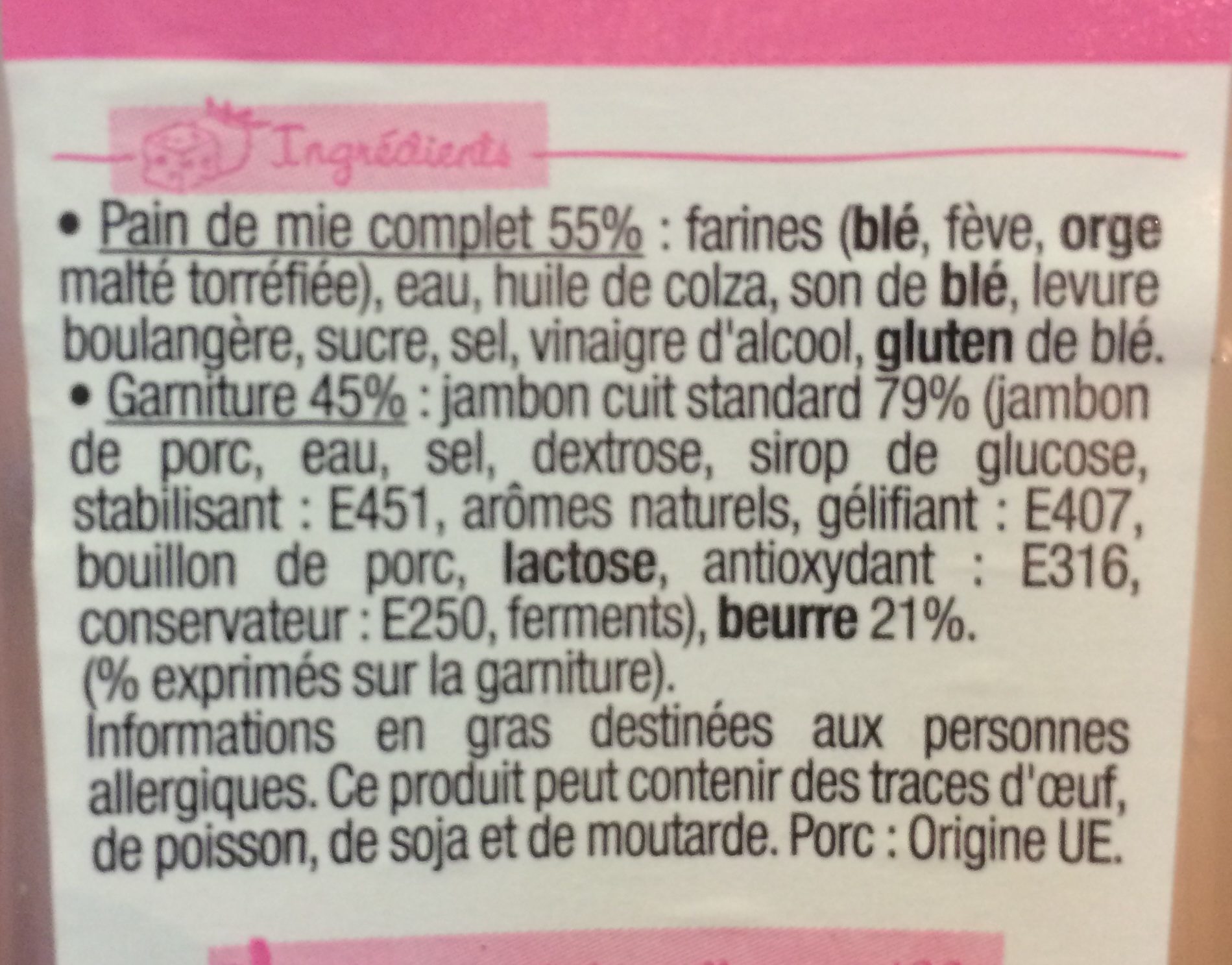 Simple et bon complet jambon beurre - Ingredients - fr