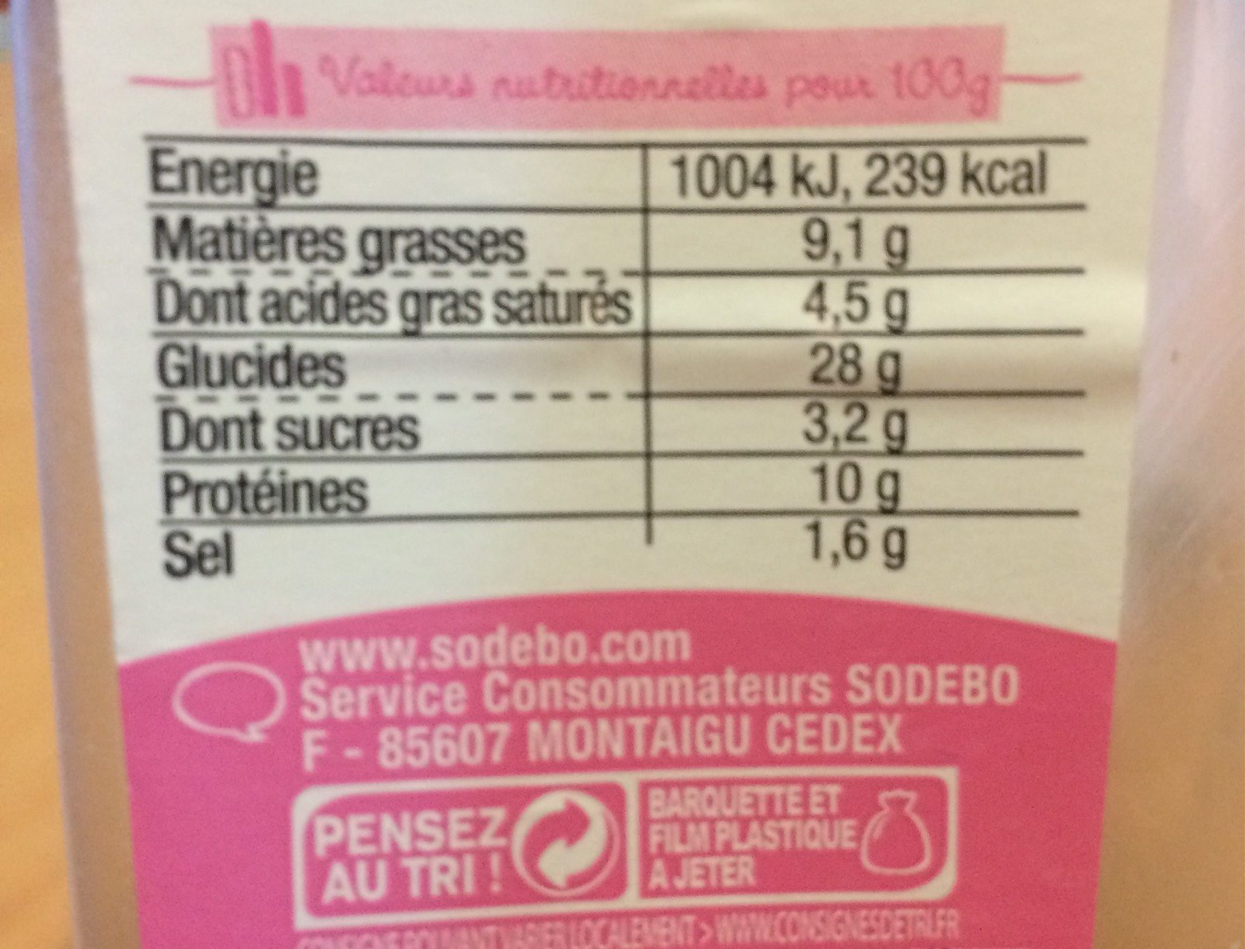Simple et bon complet jambon beurre - Tableau nutritionnel