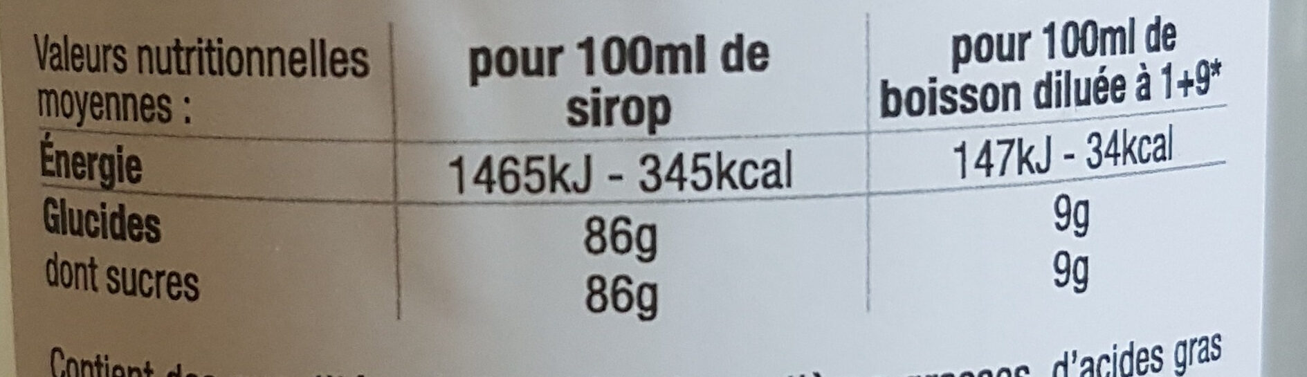 Sirop d'Orgeat - Nutrition facts - fr