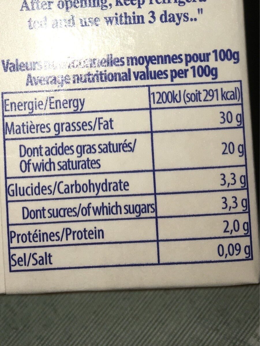 Crème Uht 30 % - Tableau nutritionnel
