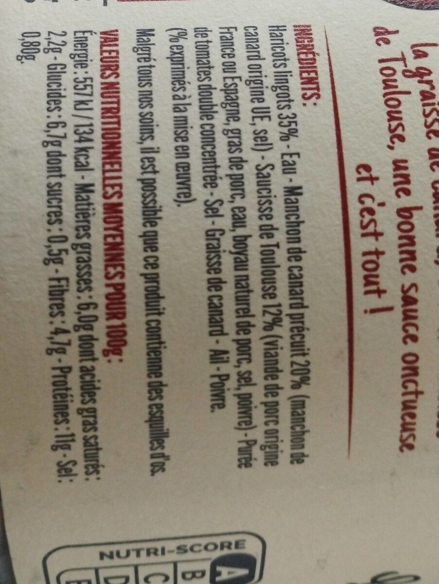 Cassoulet au Canard - Tableau nutritionnel