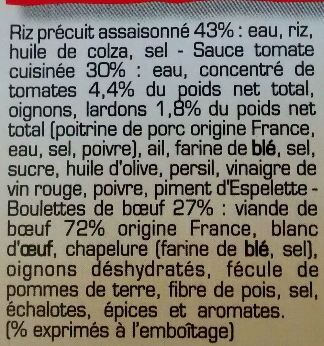 Boulettes pur boeuf, sauce tomate riz lardons - Ingredients - fr
