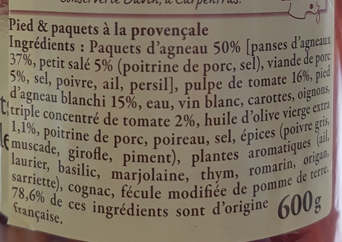 Pied et paquets à la provençale - Ingredients - fr