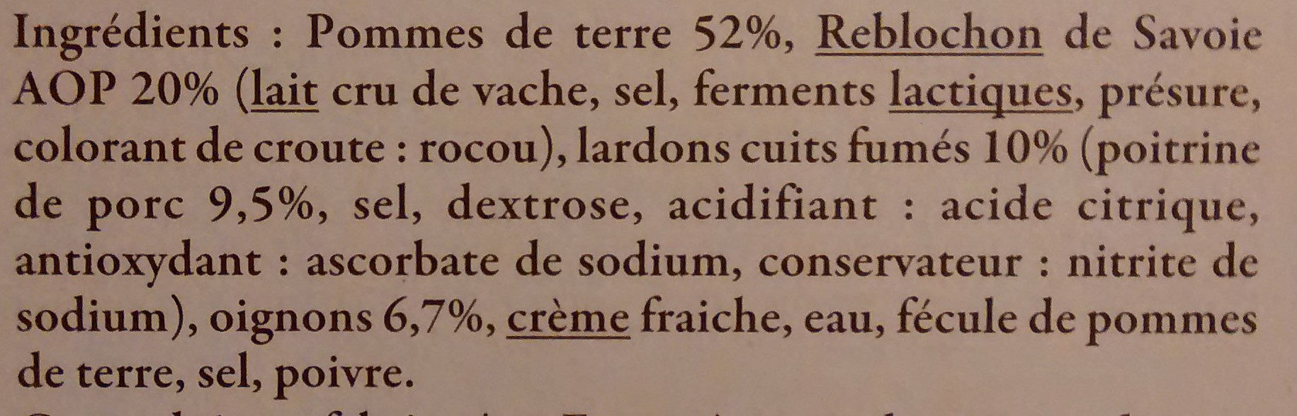 Tartiflette au Reblochon de Savoie Label Rouge - 成分 - fr