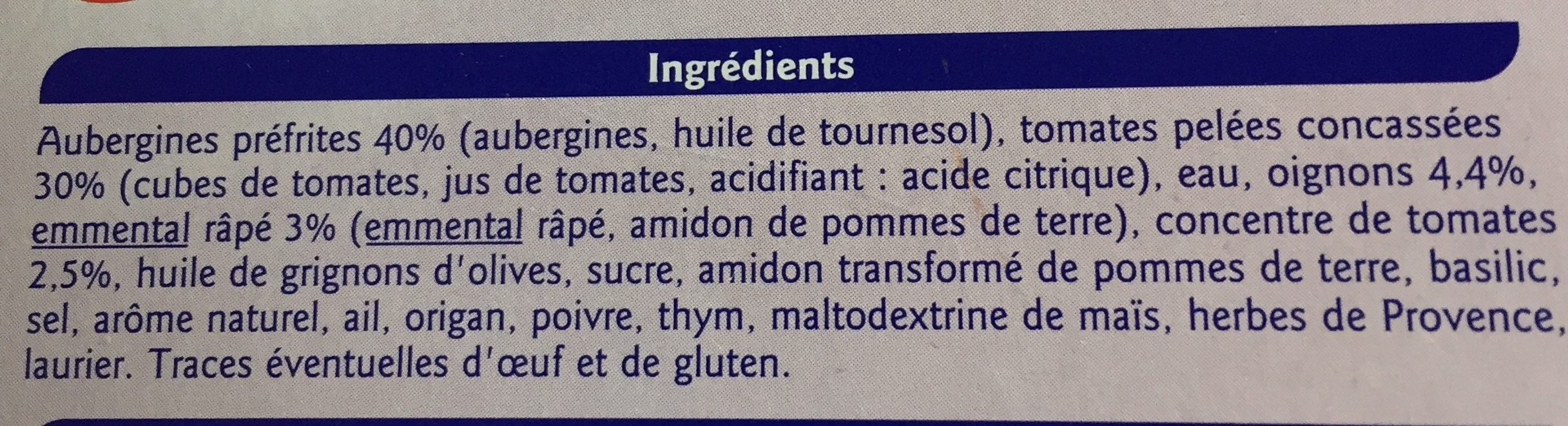 Gratin d'aubergines surgelé - Ingrediënten - fr