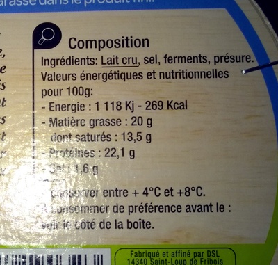 Camembert de Normandie AOP (20% MG) au lait cru - Ingrediënten - fr