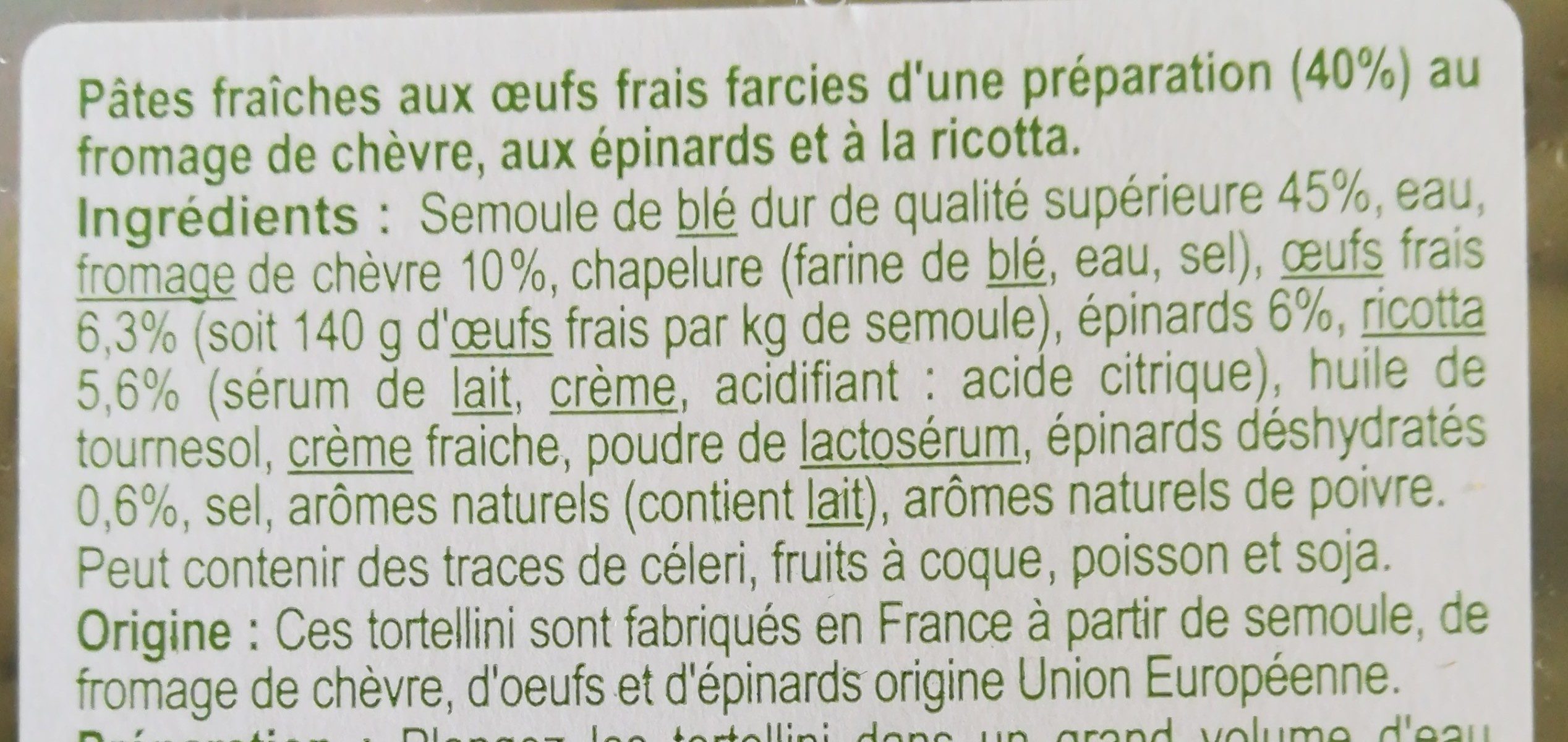 TORTELLINI Chèvre Épinards - Ingrédients