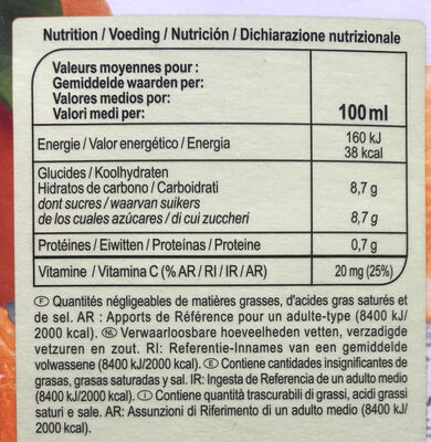 100% pur jus jus d'orange sans pulpe - Tableau nutritionnel