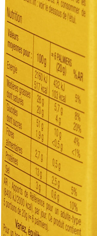 Palmiers au beurre & fromages - Valori nutrizionali - fr