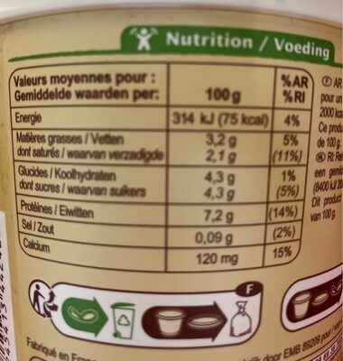 Fromage frais 3,2% MG - Tableau nutritionnel