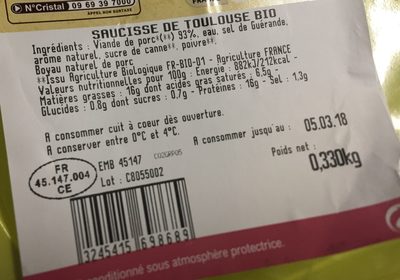 Saucisse de Toulouse Bio - Ingredients - fr