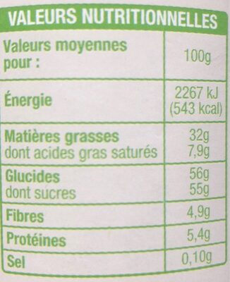 Auchan pate a tartiner bio cacao & noisettes 13% 400g - pack a - Tableau nutritionnel