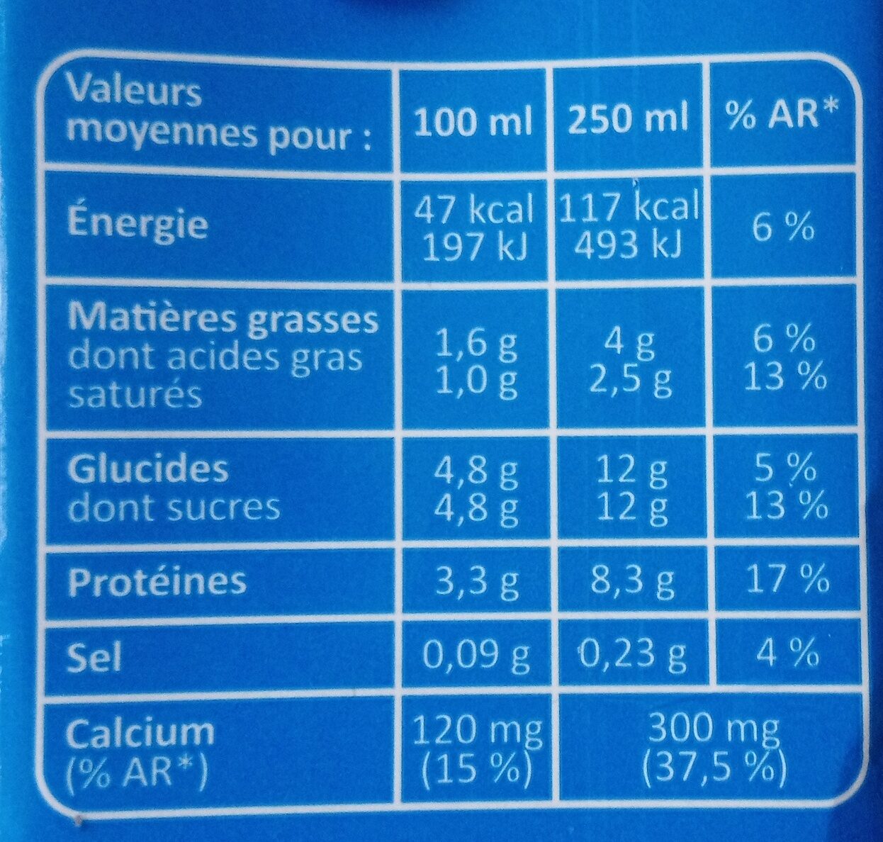 Lait demi-écrémé stérilisé U. H. T. - Nutrition facts - fr
