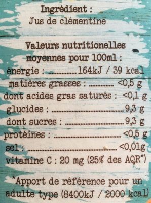 Pur Jus Clementine - Nutrition facts - fr