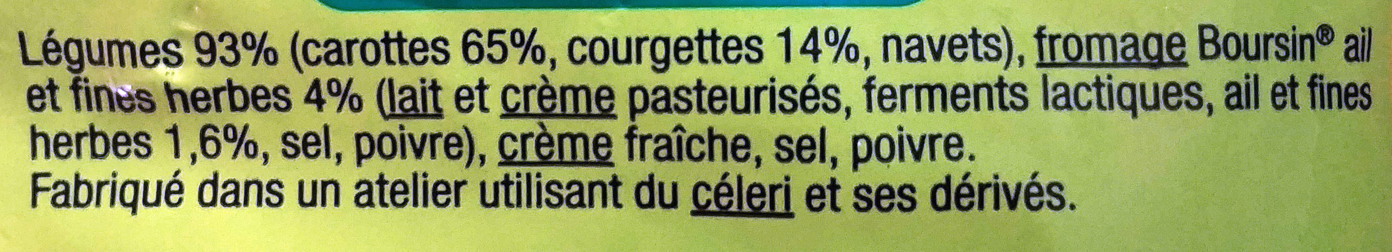 Puree De Courgettes Carottes Jaunes Boursin D'aucy - Ingredienser - fr