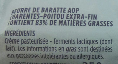 Beurre de baratte extra fin AOP Charente Poitou Monoprix Gourmet - Ingrédients