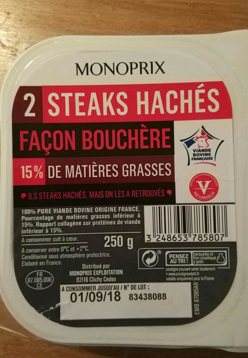 Steaks hachés pur boeuf, 15% de mat. Gr. - Ingredients - fr