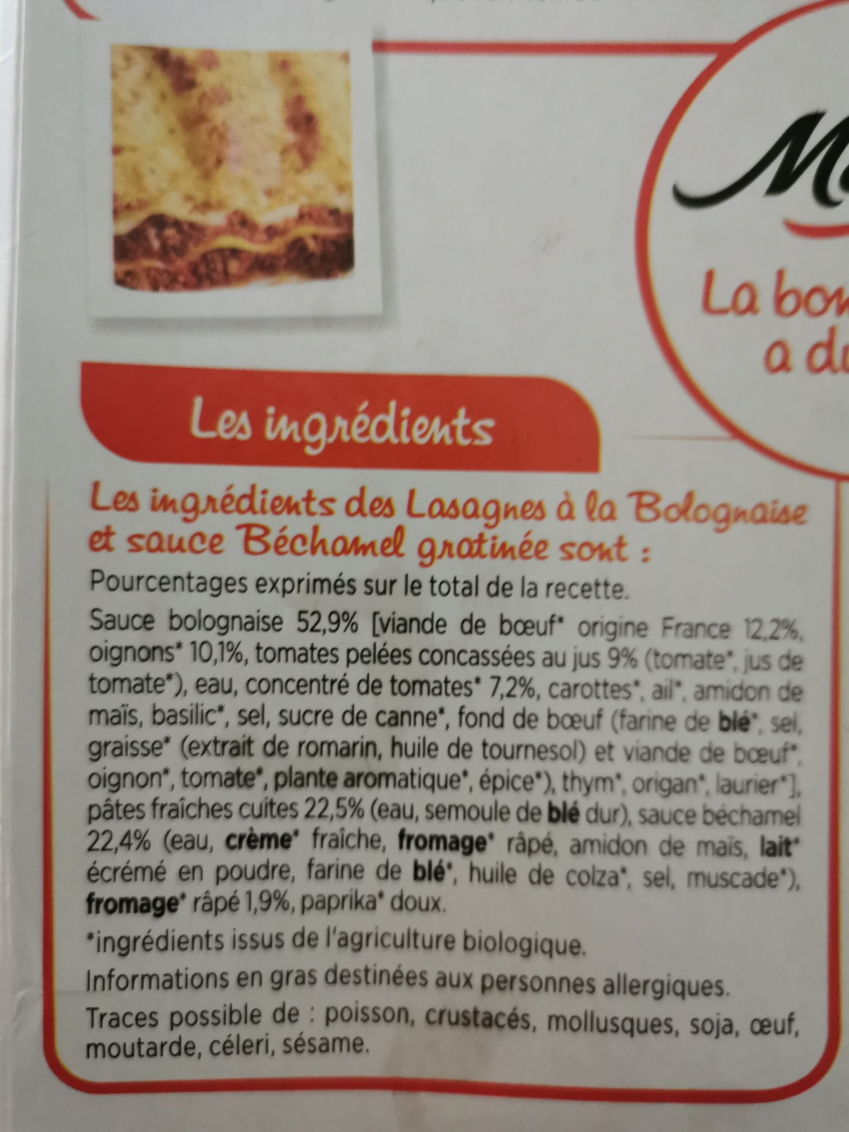Lasagnes Bolognaises BIO - Ingredienser - fr