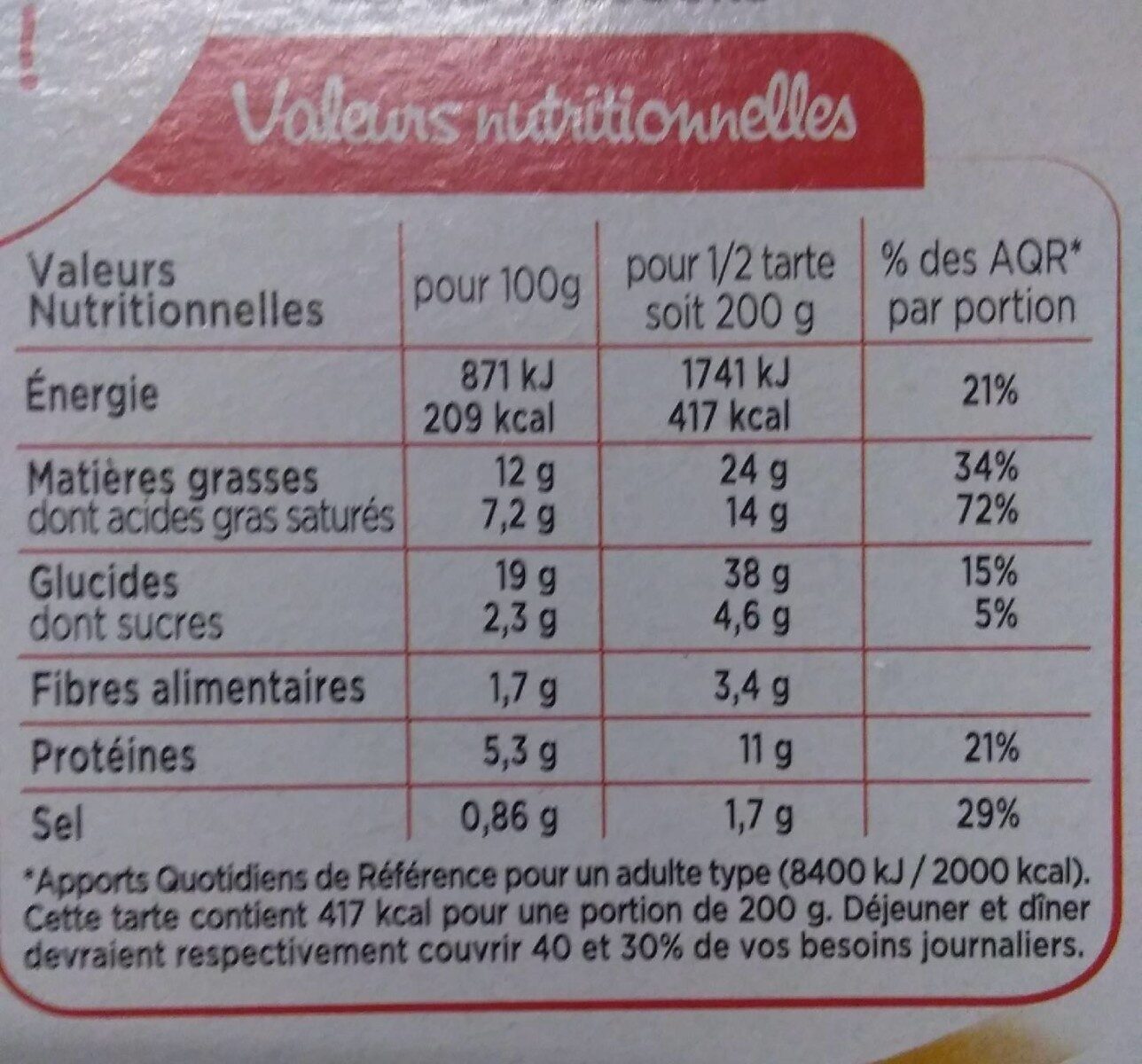 Tarte aux Poireaux Emmental et Crème Fraîche Pur Beurre - Tableau nutritionnel