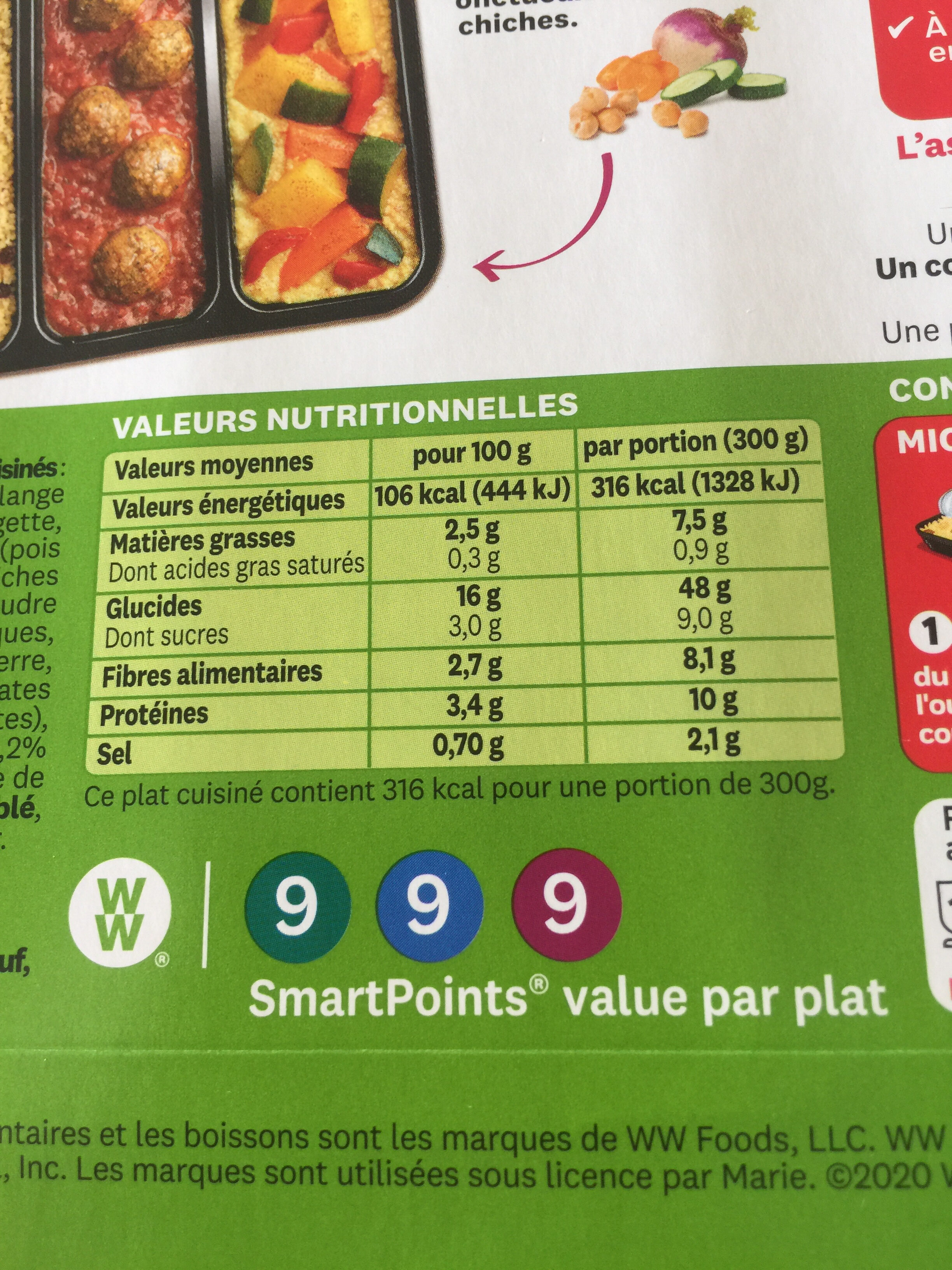 Couscous falafels, semoule aux raisins et légumes frais cuisinés - Nutrition facts - fr
