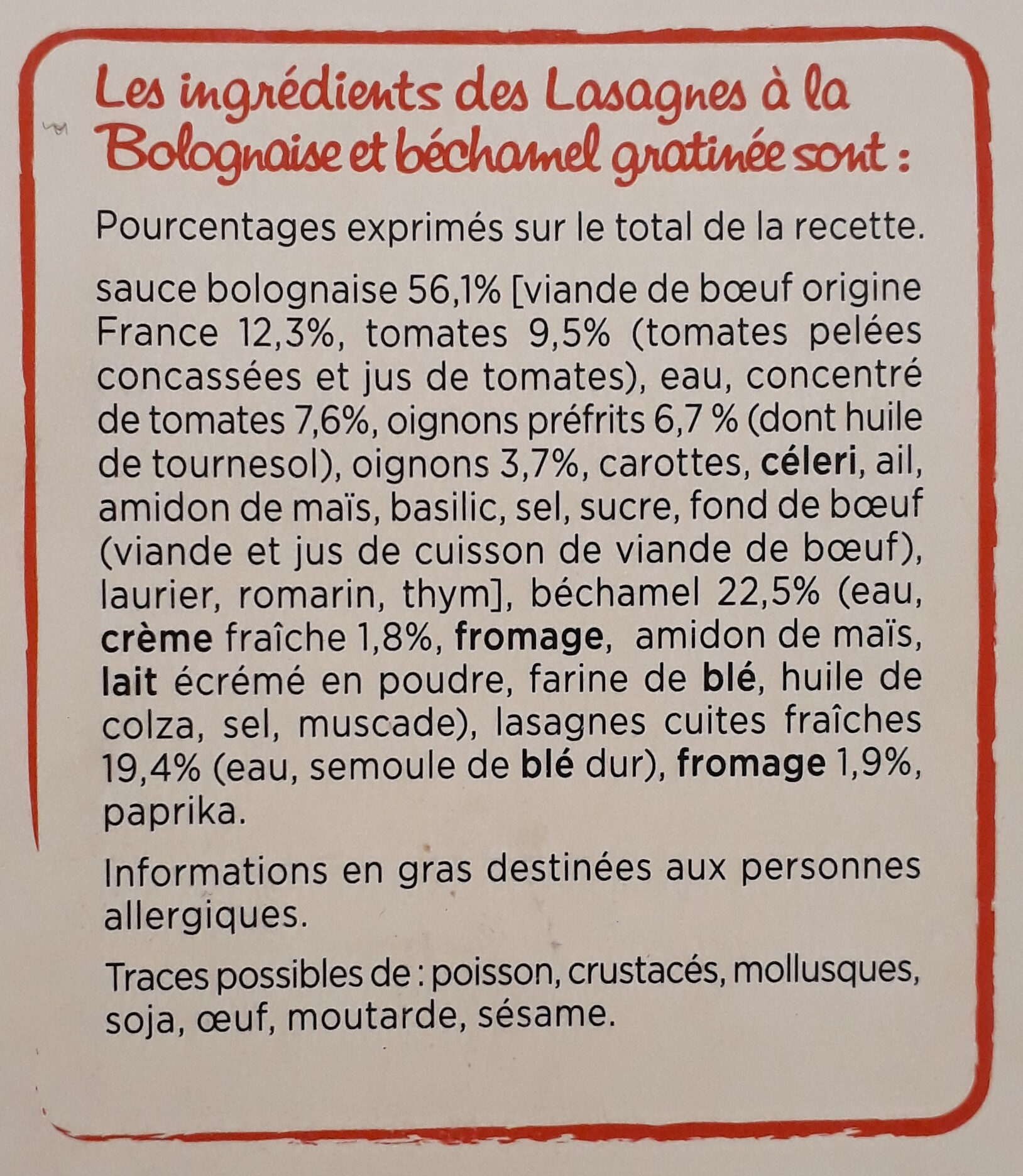 Lasagne bolognaise - Ingrédients