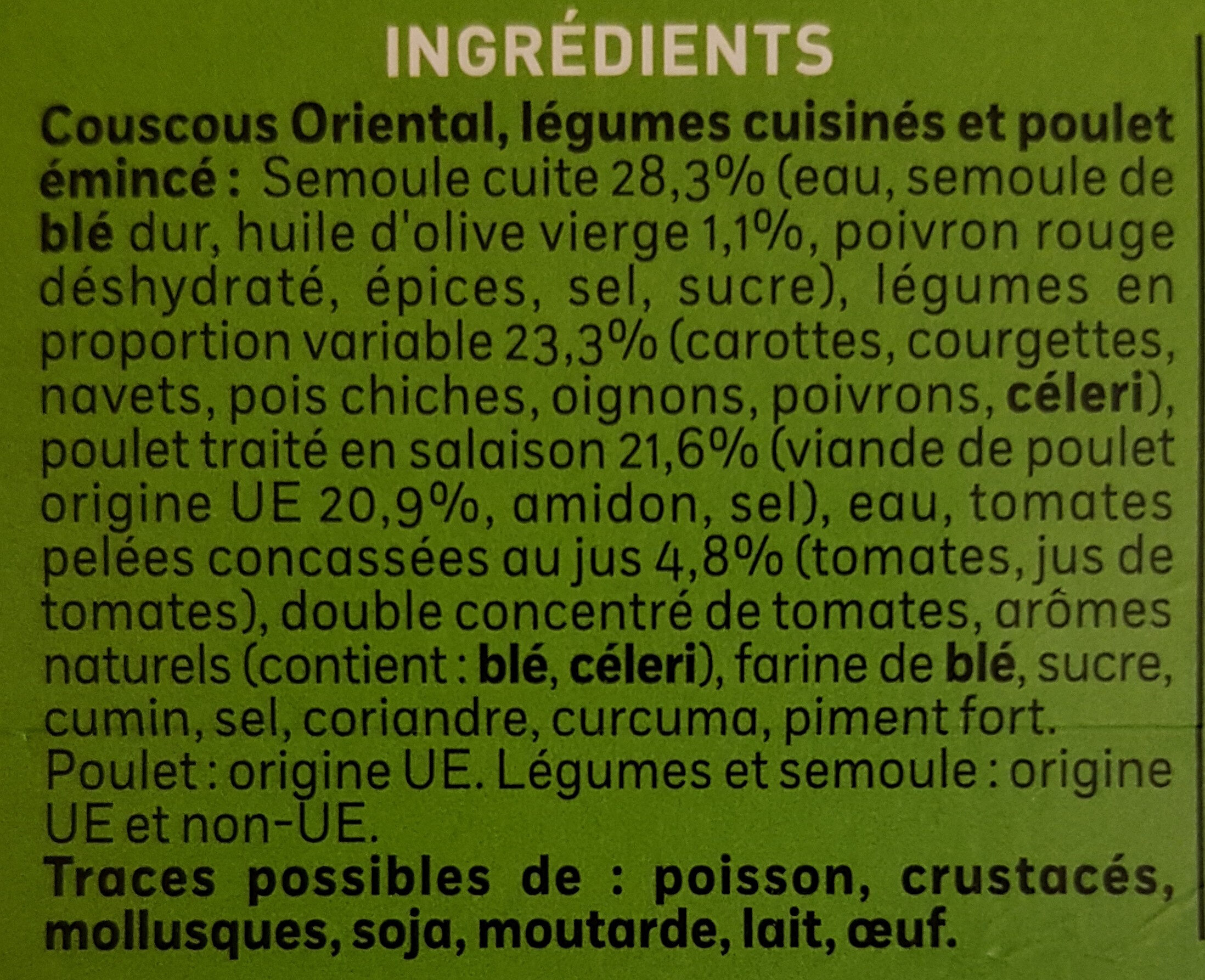 Couscous Oriental légumes cuisinés et poulet émincé - Ingrédients