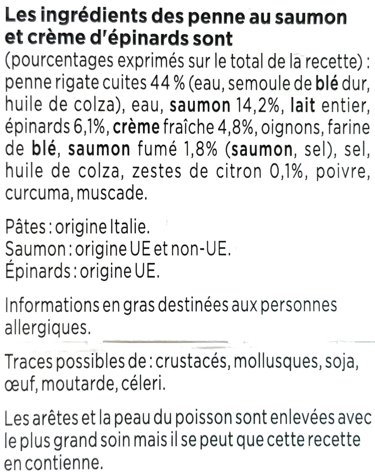 Penne au saumon et crème d'épinards - Ingredientes - fr