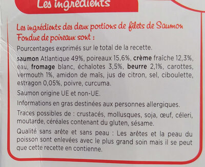 Saumon Atlantique Fondue de poireaux - crème fraiche et estragon - Ingrédients