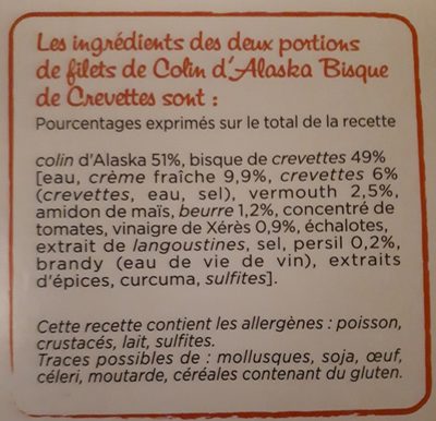 Colin d'alaska, bisque de crevettes - crème fraîche et persil - Zutaten - fr