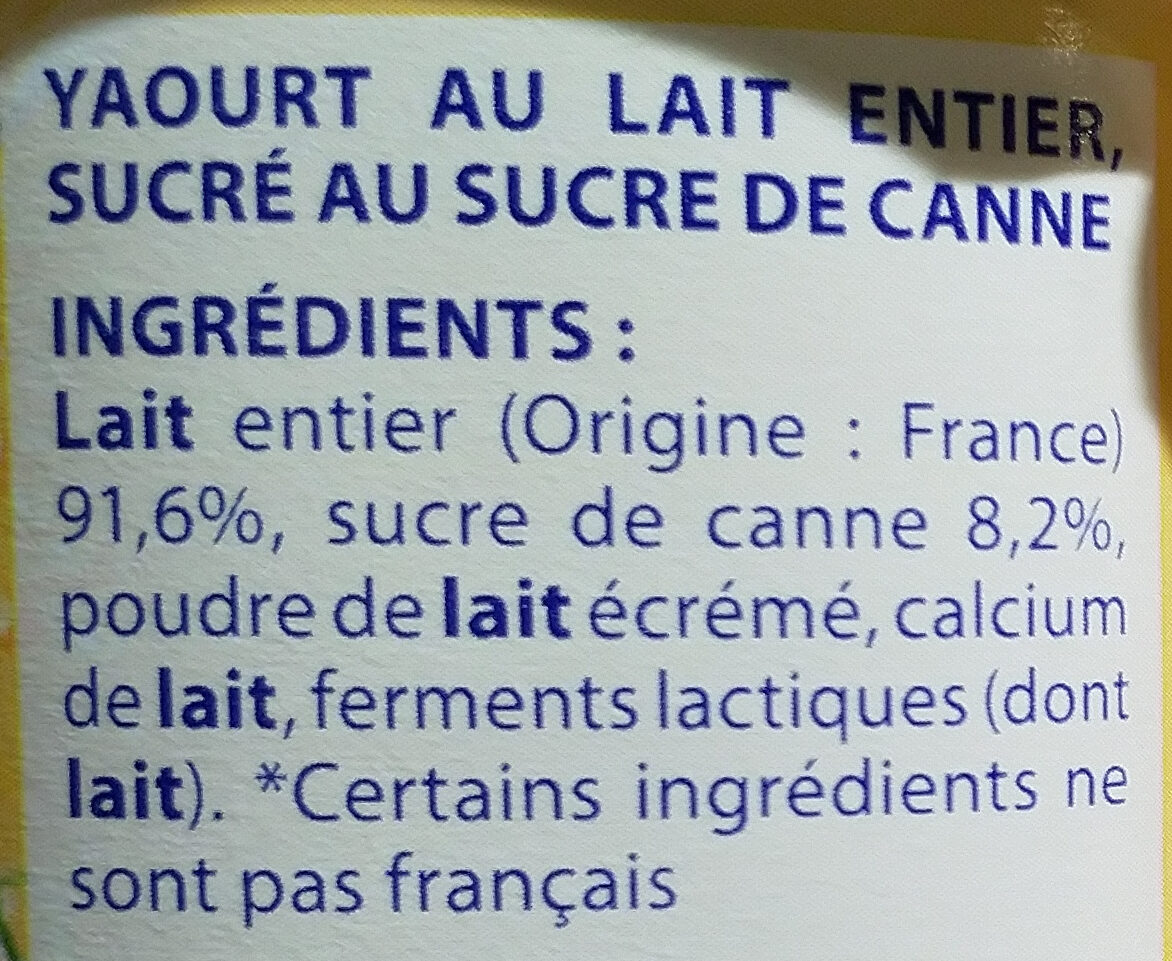 Yaourt sucré au sucre de canne - Ingredients - fr