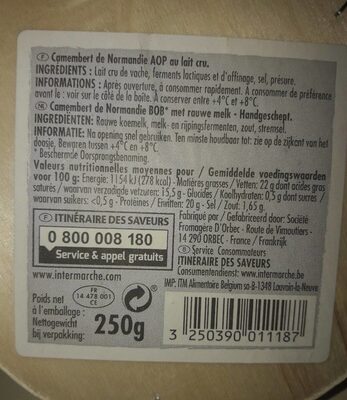 Camembert de Normandie AOP au lait cru - Voedingswaarden - fr