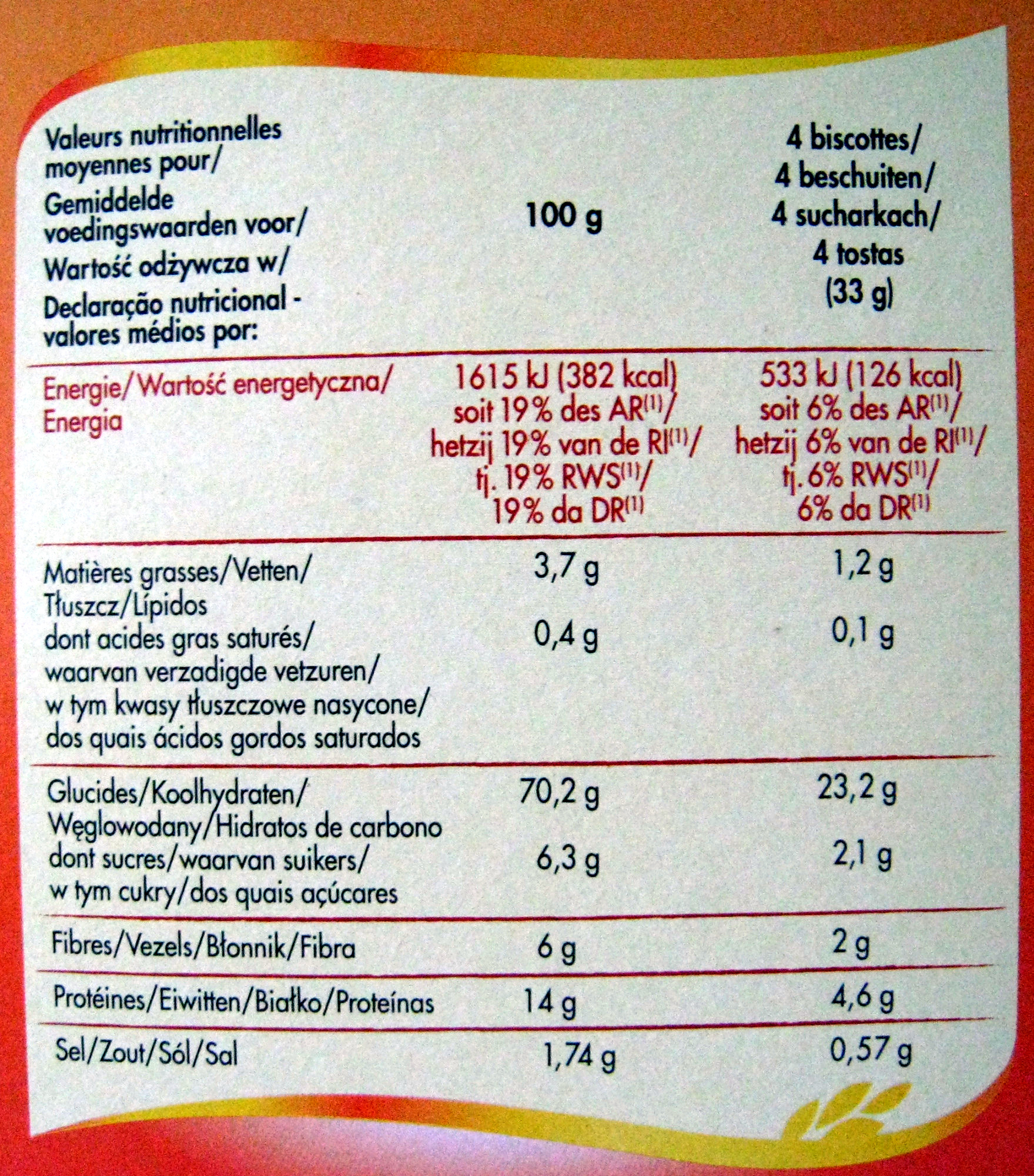 Biscottes 6 céréales - Tableau nutritionnel