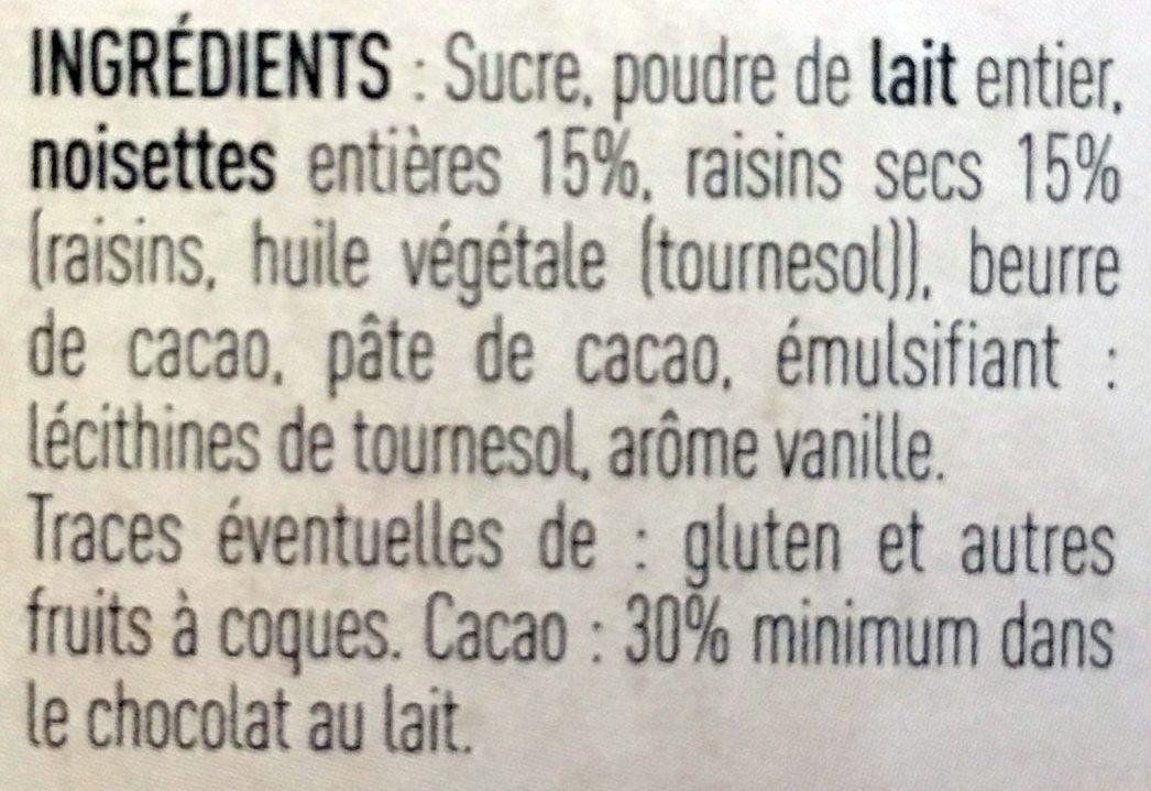 Chocolat Lait Raisins & Noisettes - Ingredients - fr