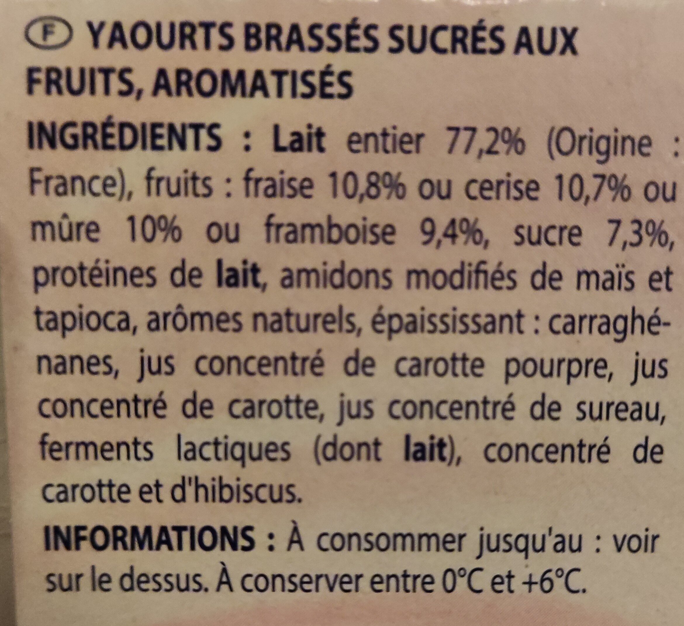 Frutimax Yaourt aux fruits (pêche, abricot, fraise, cerise, ananas, framboise)Colorants d'origine naturelle - Sans conservateur - Lait Français* hors protéines de lait - Ingrédients