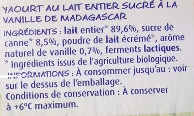 Yaourt vanille au lait entier bio - Ingrediënten - fr