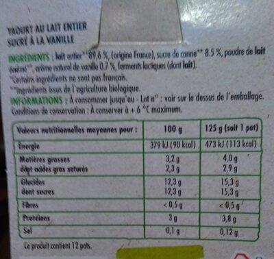 Yaourt vanille au lait entier bio - Voedingswaarden - fr