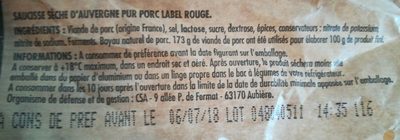 Saucisse sèche d'auvergne label rouge - Ingrédients