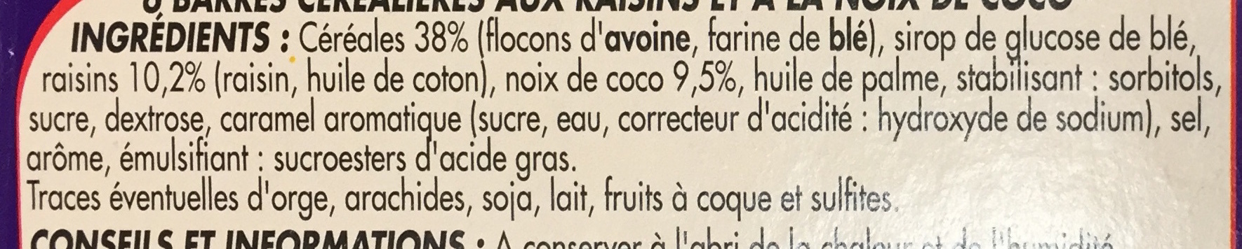 Barres céréalières Raisin & Noix de Coco - Ingredientes - fr