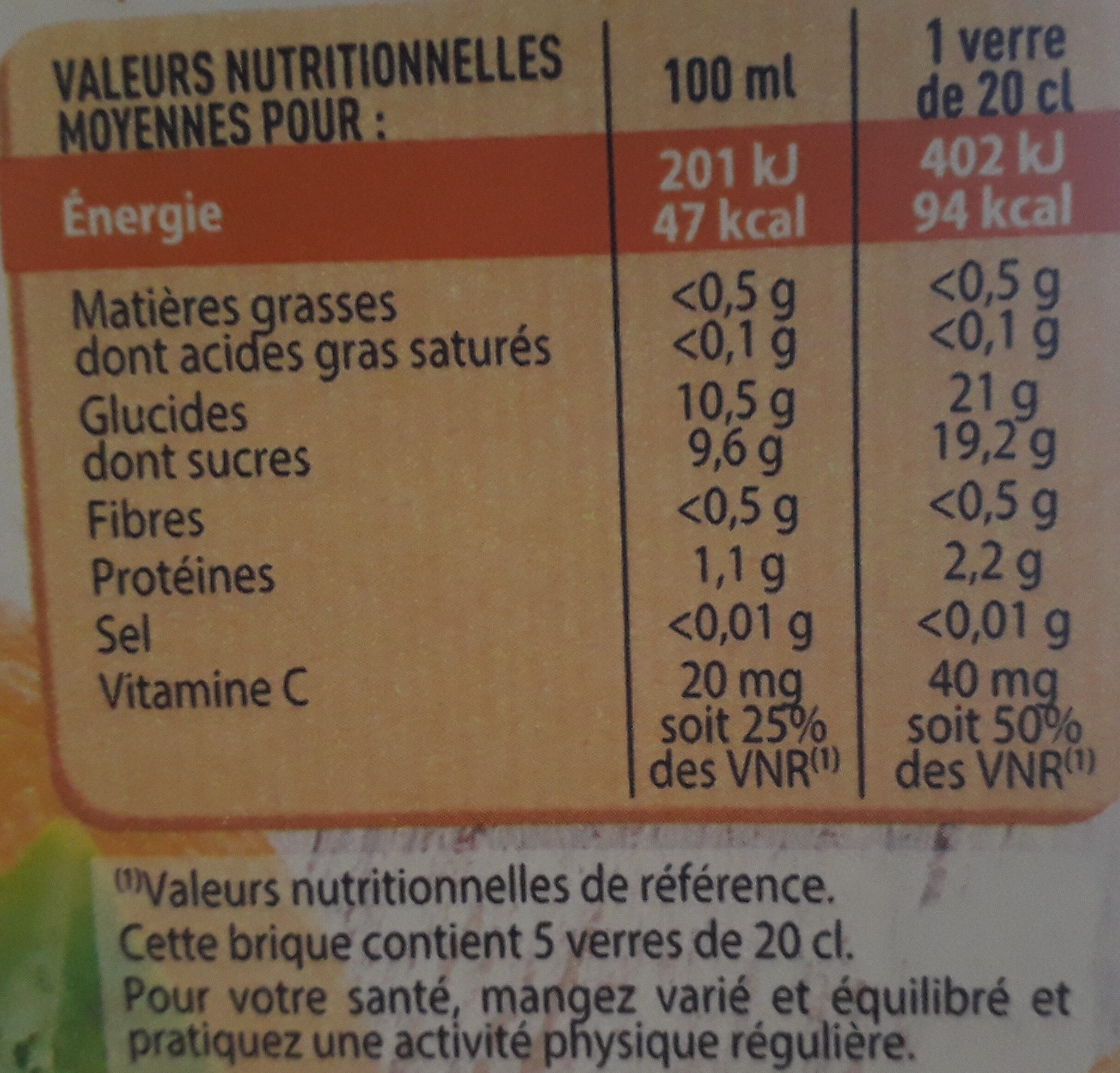 Jus d’orange sans pulpe - Tableau nutritionnel