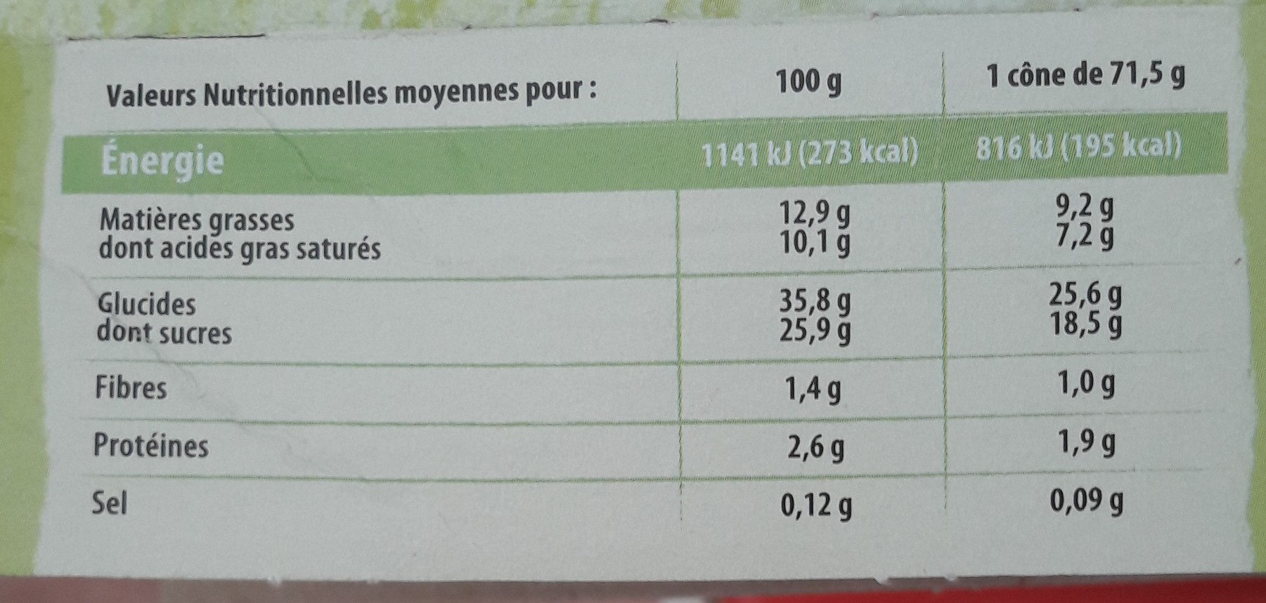 Cône Chocolat Pistache - Nutrition facts - fr