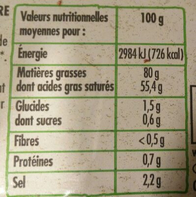 BEURRE BIOLOGIQUE 1/2 SEL MOULE 250g origine France - Tableau nutritionnel