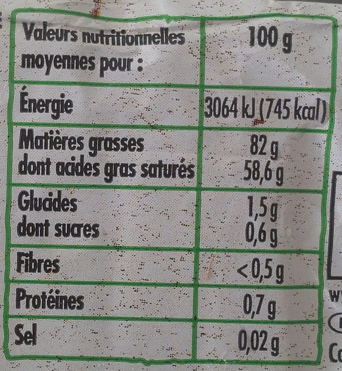 Beurre Moulé Doux (82 % MG) - Nutrition facts - fr